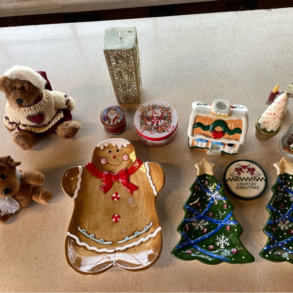 Christmas decor- plush, candles, ceramic dishes